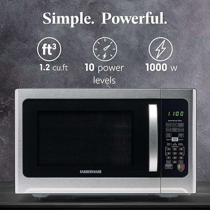 Farberware 1.2 Cu. Ft. Countertop Microwave Oven – 1000 Watts Power, Smart Sensor Auto Cook Settings, Defrost, Easy Clean and Child Safety Lock - Stainless