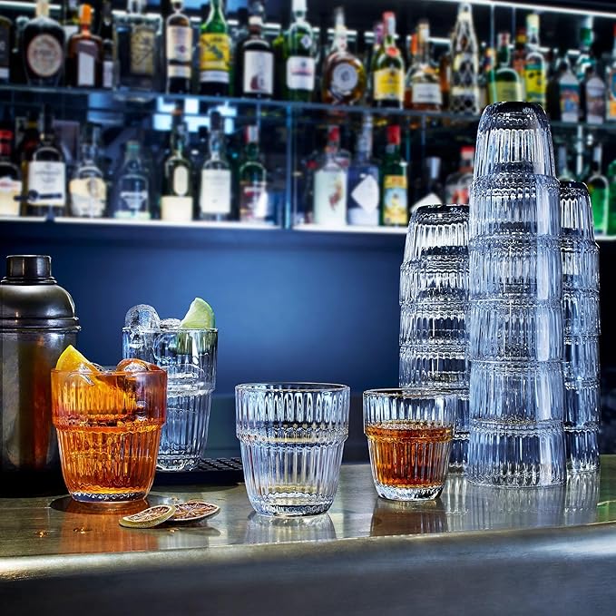 Bormioli Rocco Barshine 13.35 oz. Double Old Fashioned DOF Stackable Tempered Drinking Glasses, Set of 6, Clear