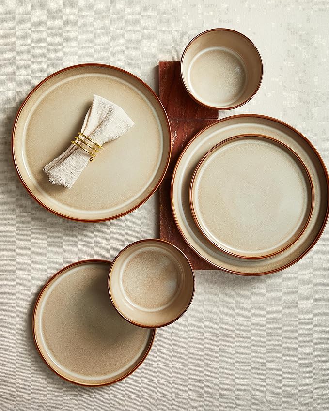 Pokini Dinnerware Set for 8, Ceramic Dish Sets, Plate and Bowl Set, Microwave & Dishwasher Safe Dishware Set, Chip & Scratch Resistant Dinner Set, One-of-a-Kind Design, Amber Brown