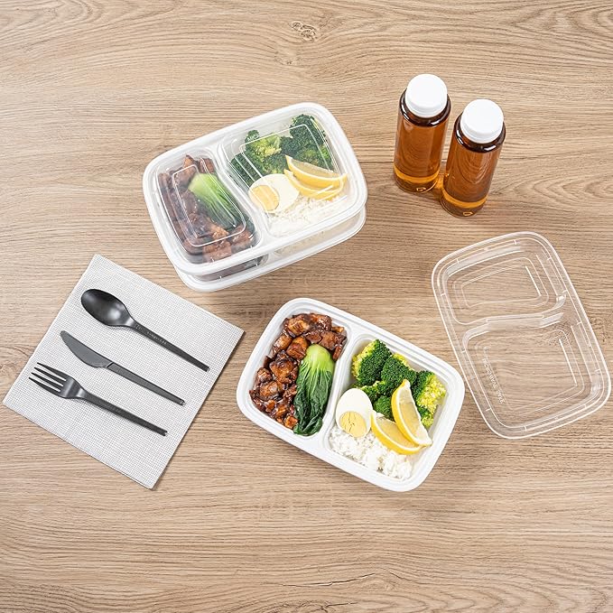 Restaurantware Asporto 32 Ounce Compartment Take Out Boxes 100 Microwavable Meal Prep Containers - 2 Compartments With Clear Plastic Lids White Plastic Food Containers Do Not Contain BPA