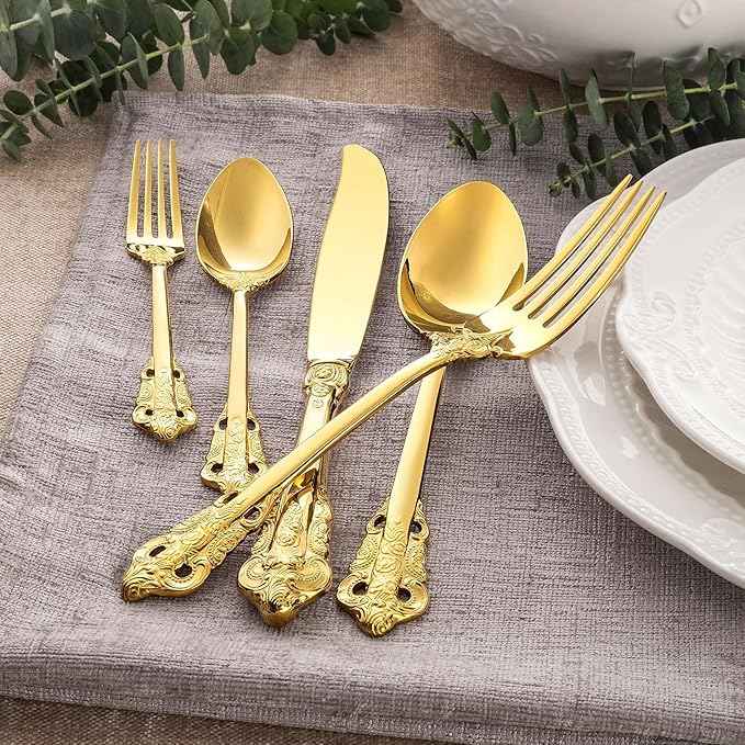 KEAWELL Luxury 45-Piece Flatware Set, 18/10 Stainless Steel Tableware, Service for 8, Antique Baroque Gold-Plated Silverware Set (Gold)