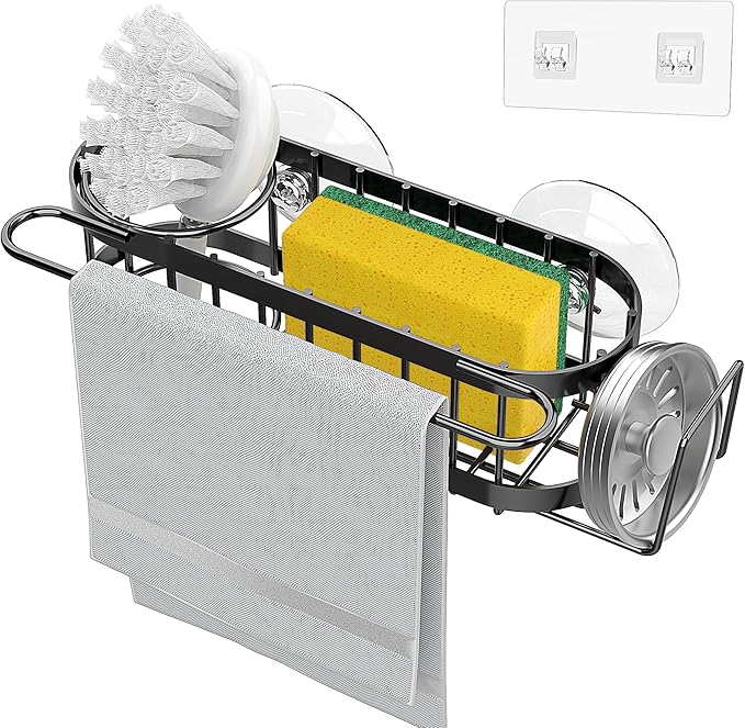 Cisily Kitchen Sink Caddy Sponge Holder in The Sink, Stainless Steel Kitchen Sink Organizer, Brush Holder, Dish Cloth Hanger, Sink Stopper Holder with 2 Installation Ways (Suction & Adhesives