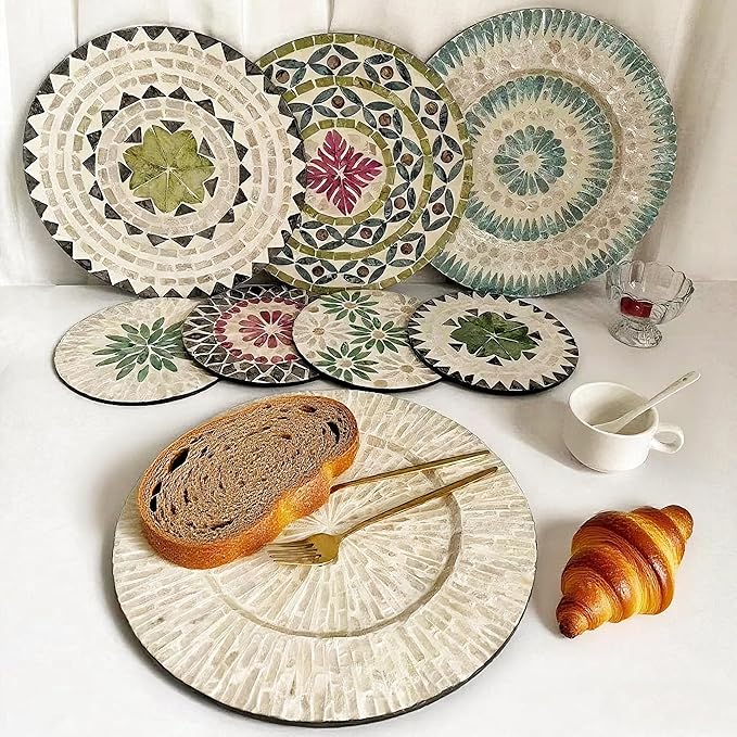 12 Inch Mother of Pearl Shell Placemat Plate – Large Round Decorative Heat for Table or Kitchen, Cabinet, Tabletop (Toothed Green Leaves, 12 Inch)