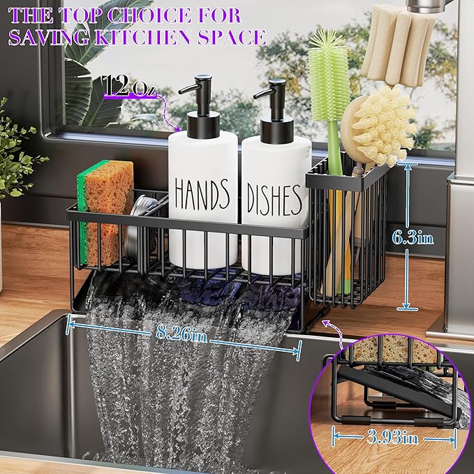 MASADI Kitchen Dish Soap Dispenser Set with Sponge Holder, 12OZ Glass Bottle, Hand and Dish Soap Dispenser Set, Non-Slip Silicone Pad, Brush Holder, Kitchen Sink Organizer Countertop (Black+White)