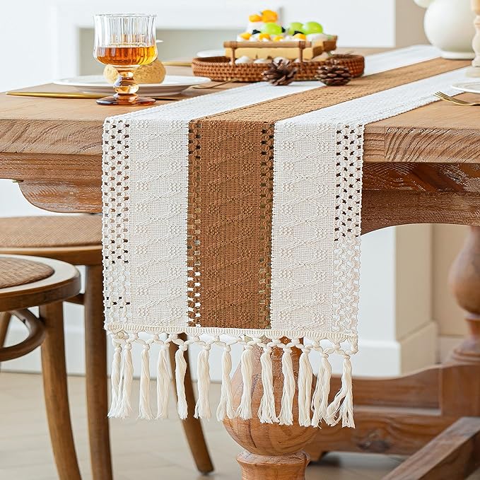 FEXIA Boho Table Runner with Tassels 12x72 Inches for Home Decor Farmhouse Rustic Macrame Hollow-Out Table Decoration for Living Room and Dining Room, Reddish Brown