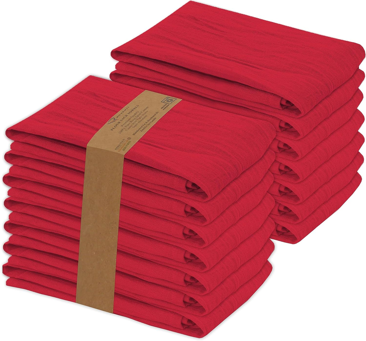 RUVANTI Flour Sack Towels 12 Pack 28 x 28 Inches, Ring Spun 100% Cotton Dish Towel, Machine Washable, Absorbent - Flour Sack Kitchen Towels for Drying and Cleaning - Red