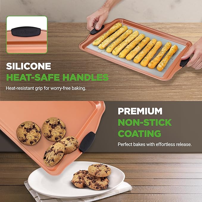 NutriChef 25-Piece Baking Pan Set, Nonstick Carbon Steel Bakeware, Includes 15 Cookie Sheets (3 Each 13", 17", 15") with Silicone Handles, 5 Rectangular Pans with Plastic Lids, PFOA/PFOS/PTFE Free