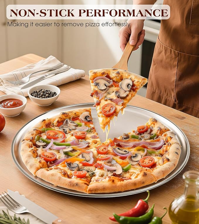 13½ Inch Stainless Steel Pizza Pan Set of 2, Pizza Pan for Oven, Steel Pizza Tray for Baking Cookie Pie Cake, Round Stainless Steel Pizza Plate Pizza Baking Sheet, Easy Clean & Dishwasher Safe