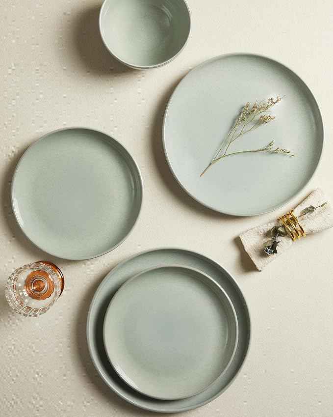 Santorini Mist Terracotta Reactive Glaze Plates and Bowls Sets, Stoneware Dinnerware Sets, Microwave and Dishwasher Safe Ceramic Dish Set Service for 4, Slate Green