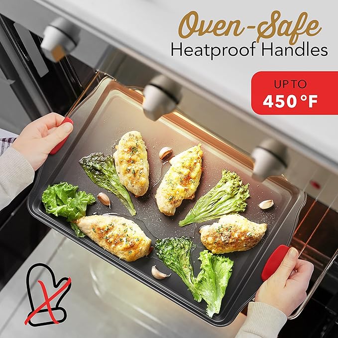 Baking Sheet Set, 2-Piece Cookie Sheet Set with Silicone Handles, Steel Baking Pan, Durable Baking Sheets for Oven, BPA Free Cookie Sheets for Baking Nonstick Set, Premium Sheet Pan, Black Baking Tray
