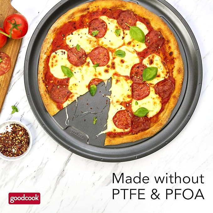 GoodCook PRO Pizza Pan Nonstick Warp & Scratch-Resistant Dishwasher-Safe Carbon Steel Construction for Even Baking Oven Safe to 480°F, 16-Inch, Gray