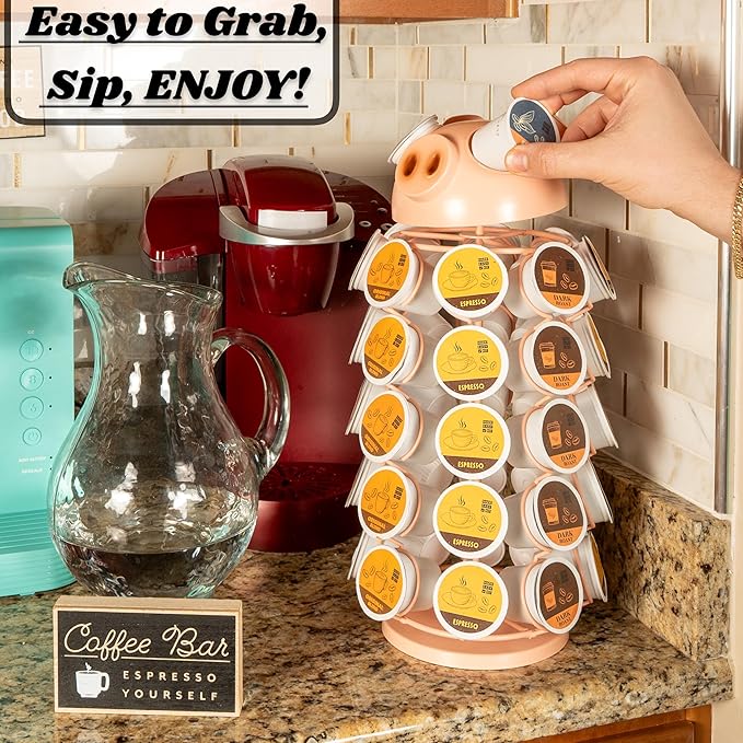 Made Easy Kit Carousel Coffee Pod Holder, Compatible with Keurig K-Pods K-Cups, Countertop Rack Storage Organizer, Metal Home and Kitchen Decor, Capsule Café Station Bar (Large, Pink Pig)
