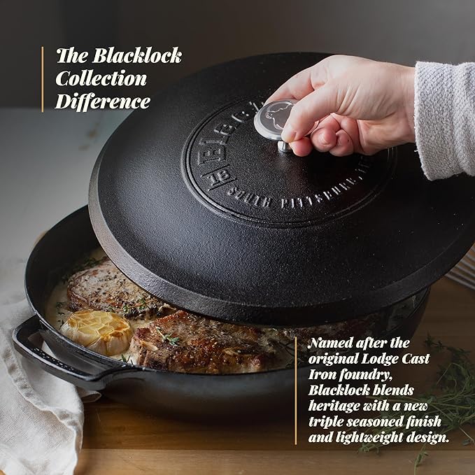 Lodge Blacklock 17 Triple Seasoned Cast Iron Braiser with Lid - Dutch Oven with Nonstick Finish - Lightweight Cast Iron Braiser - Dutch Oven Cookware - Cooking Pot with High-Heat Aluminum Knob