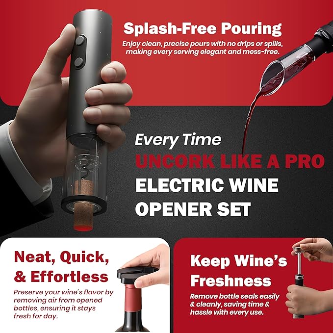 BLIVORRA-Electric Wine Opener Set – 5-in-1 Battery Operated Corkscrew with Foil Cutter, Wine Pourer, Stopper & Storage Stand – Great Gift for Wine Lovers (Matte Black)