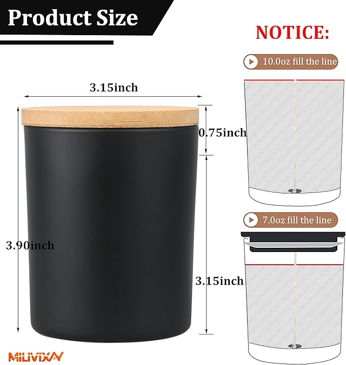 MILIVIXAY 12 Pack 10 OZ Black Matte Glass Candle Jars with Lids and Candle Making Kits - Bulk Empty Candle Jars for Making Candles - Spice, Powder Containers.