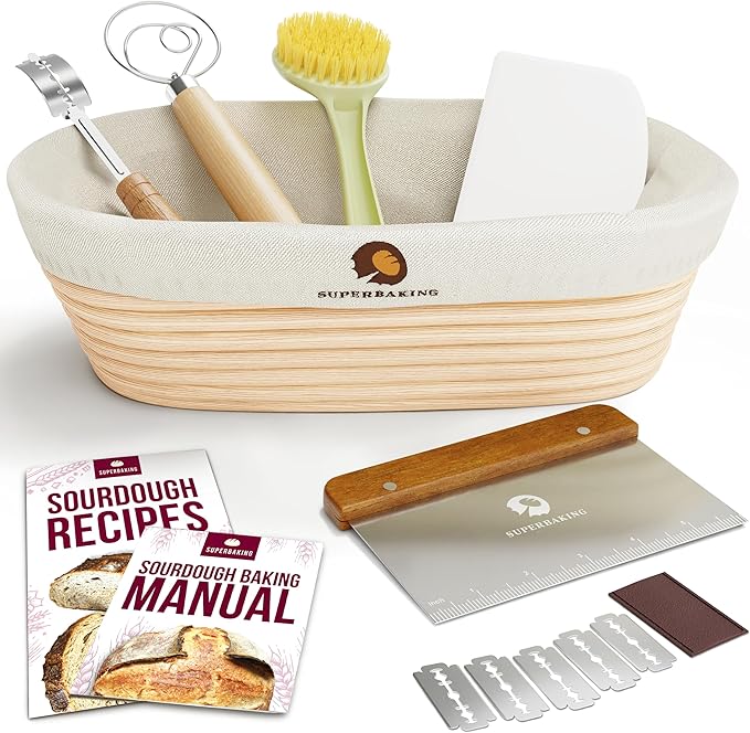 Superbaking 10" Oval Banneton Bread Proofing Basket – Sourdough Starter Kit for Crusty Artisan Style Loaves, Includes Essential Bread Baking Supplies & Tools - Ideal Gift for Bakers