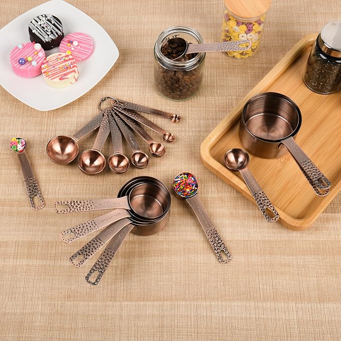 Smithcraft Copper Measuring Cups and Spoons Set, Stainless Steel Measuring Cups Spoons, Metal Metric & US 8 Measure Cup, 9 Kicthen Measure Spoons & Leveler for Baking & Kitchen