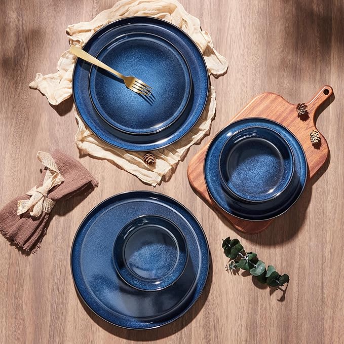 E-far Dinnerware Sets for 8, 24-Piece Stoneware Plates and Bowls Set, Ceramic Dishes Reactive Glaze Dinning Ware, Microwave & Dishwasher Safe - Deep Sea Blue
