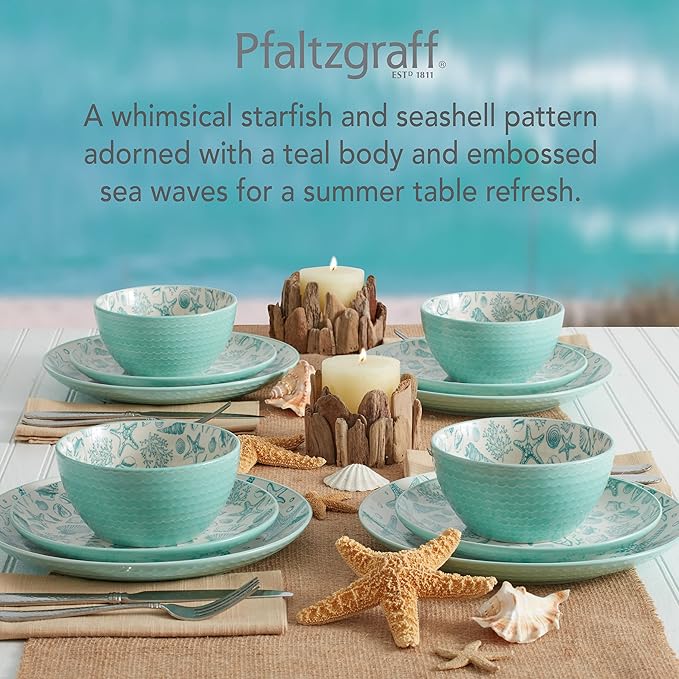 Pfaltzgraff Venice 16-Piece Stoneware Dinnerware Set, Service for 4, Aqua and White Color Combination, Durable and Chip Resistant, Microwave Safe