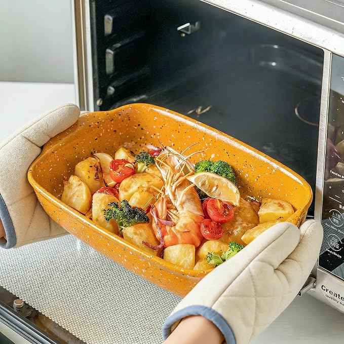 Ceramic Baking Dish Set of 3, Casserole for Oven,Rectangular Bakeware Dishes with Handles,Lasagna Pan Deep,Handcraft Speckle Stoneware Series (13.8''/12''/9.6''Orange)