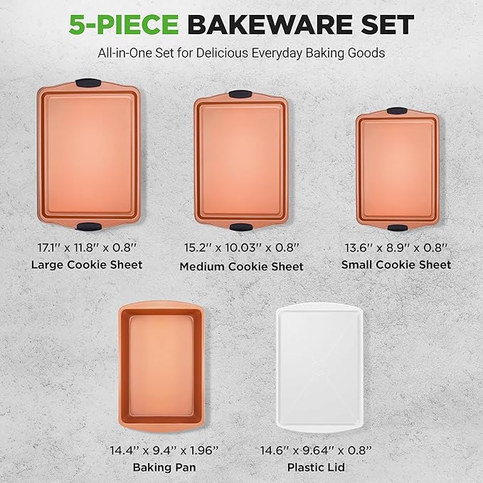 NutriChef 5-Piece Bakeware Set – Premium Non-Stick, Stackable Kitchen Baking Pans with Silicone Handles – Includes 3 Cookie Sheets, Baking Pan & Lid – Perfect for Cakes, Cookies & Brownies