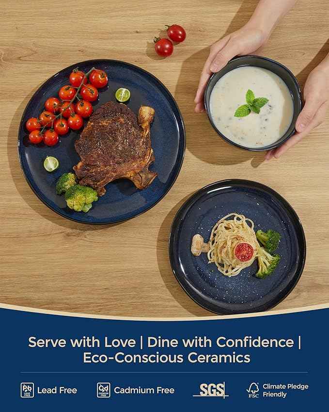 18 Piece Stoneware Dish Set for 6, Reactive Glaze Ceramic Plates and Bowls Set | Coastal‑Inspired Irregular Design for Casual Entertaining & Intimate Dinners | Dishwasher & Microwave Safe