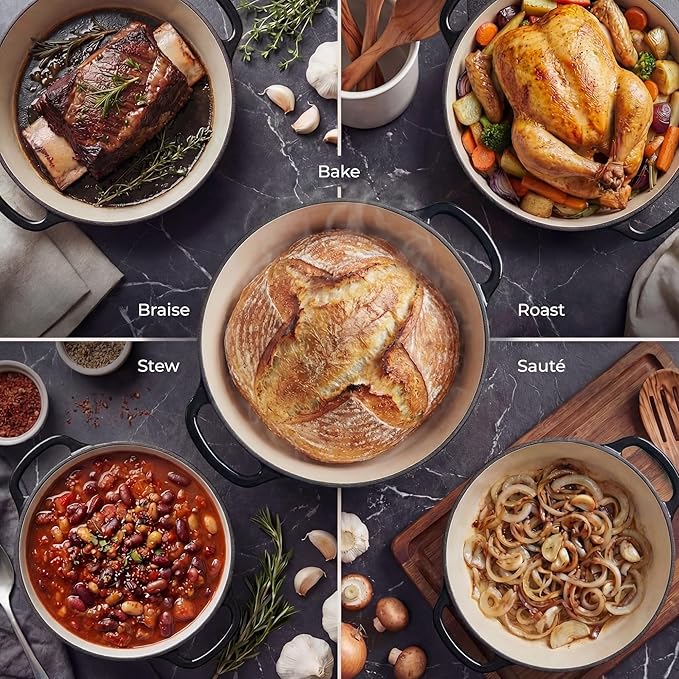 Zulay Kitchen 5 Quart Enameled Cast Iron Dutch Oven Pot with Lid – Premium Durability & Oven Safe up to 500°F – Heavy Duty Cookware Perfect for Bread Baking, Stews, Braising & Roasting – Black