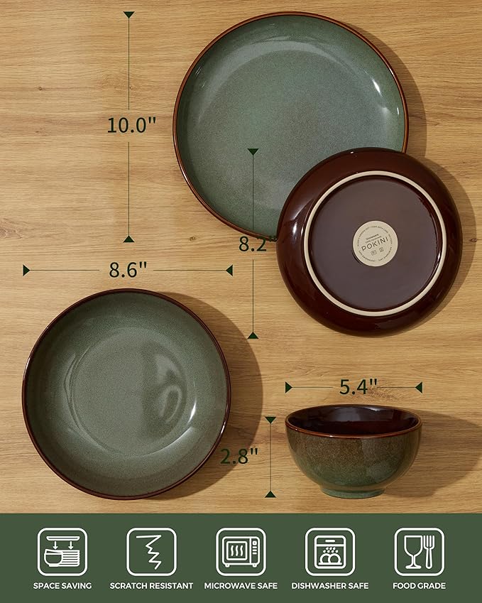 Pokini 16 Piece Double Bowl Dinnerware Sets with Pasta Bowls, Highly Chip and Crack Resistant Plates and Bowls Sets, Natural Earthyware Ceramic Dishware Sets, Service for 4 Sage Green