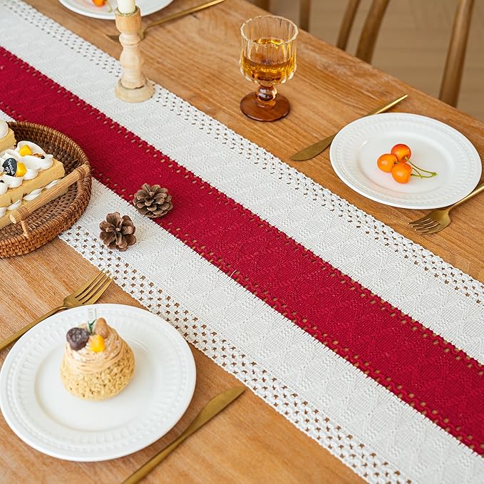 FEXIA Christmas Table Runner for Home Decor with Tassels 72 Inches Long Farmhouse Red Rustic Boho Table Runner Macrame Burlap Table Decoration for Living Room Bridal Shower(12x72 Inches)