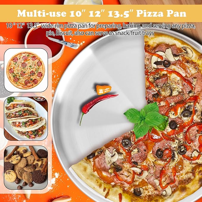 AWTBDP Pizza Pan for Oven, Non-Stick Stainless Steel Pizza Pans, Round Pizza Steel Tray for Baking Supplies & Kitchen, Restaurant, Home (13.5 Inch & 12 Inch & 10 Inch), Dishwasher Safe & Easy Clean