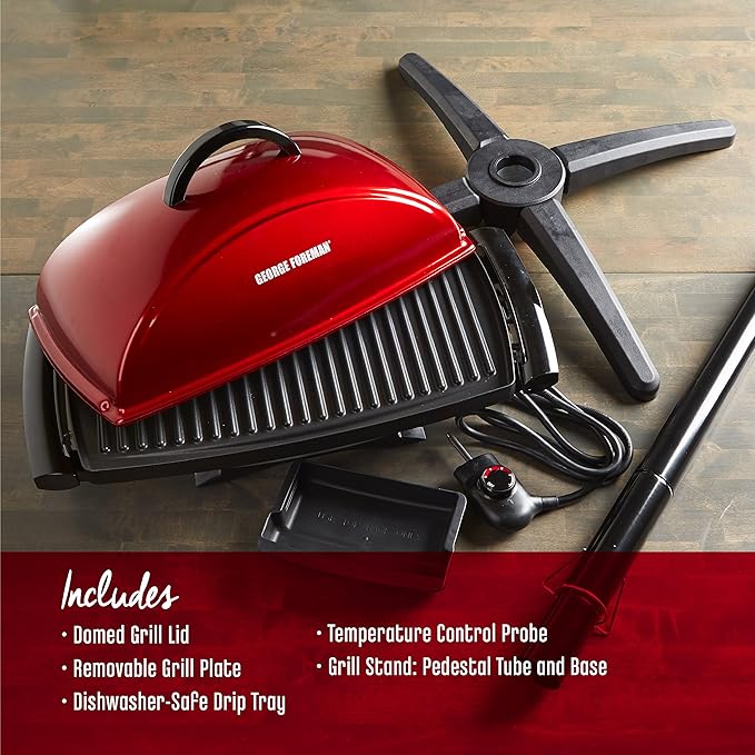 George Foreman Indoor Outdoor Electric Grill, Non-Stick Grill Griddle Plate, Healthy Grilling Drip Tray Reduces Fat, Portable Barbeque