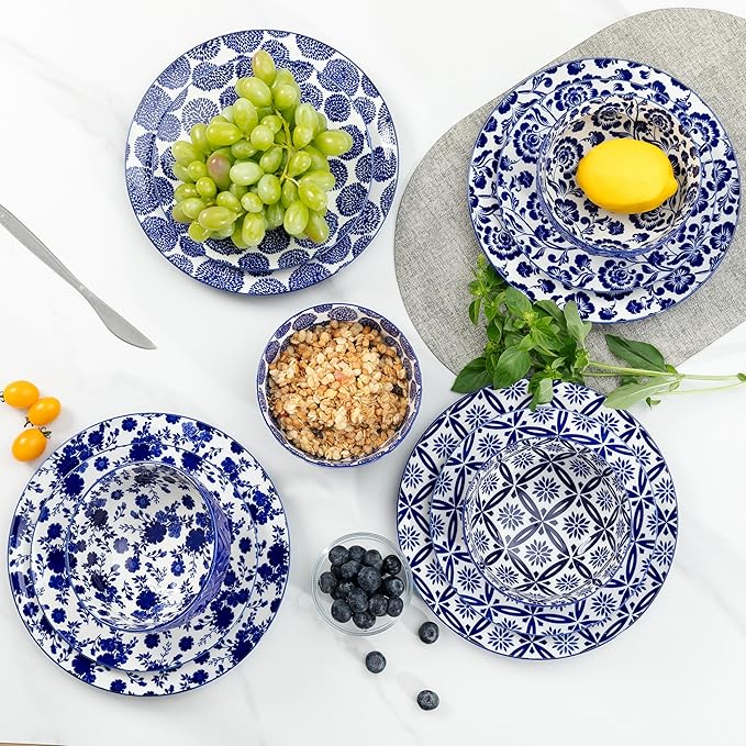LEHAHA 12 Pieces Modern Porcelain Dinnerware Set，Service for 4, Ceramic Plates and Bowls Sets, Kitchen Dinner, Salad, Dessert Plate and Cereal Bowl Set, Ceramics Dishes Set, Blue and White