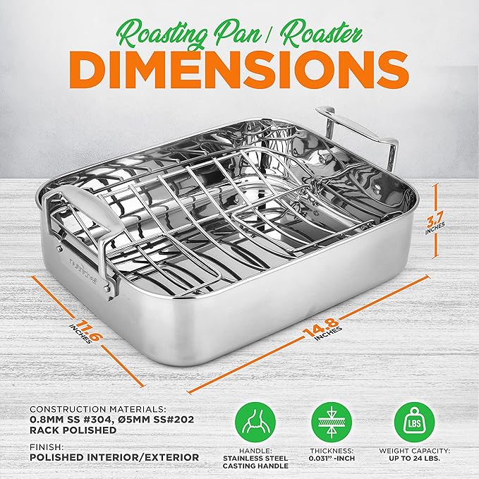 NutriChef Roasting Pan with Rack – Oven Safe Roaster w/Removable Polished Rack,Durable Warp-Resistant Bakeware, Wide Handles, Dishwasher Safe, PFOA-Free, Ideal for Turkey, Chicken, Meat & Vegetables
