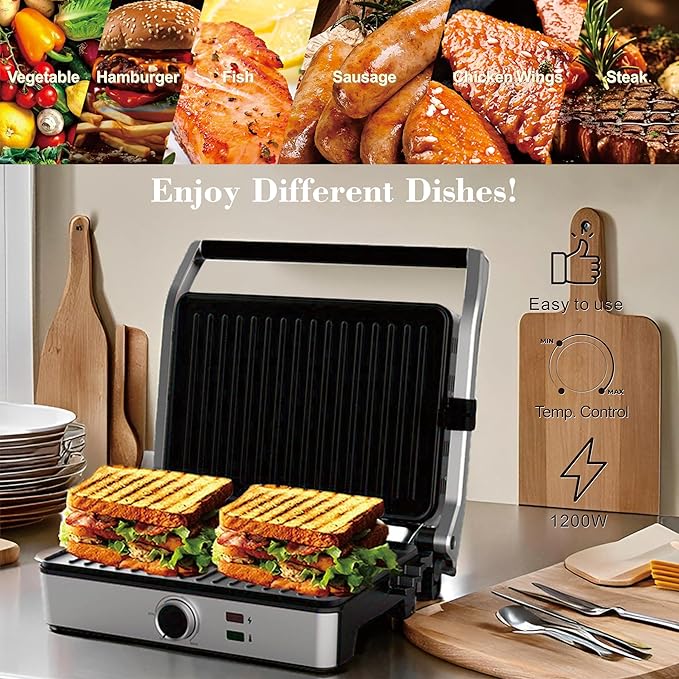 Panini Press, Electric Sandwich Press Grill, Open 180 Degrees, Electric Grill Indoor, Perfect for Grilling Sandwich, Steak, Burger, Adjustable Temperature Control, Non Stick Coating,GT60