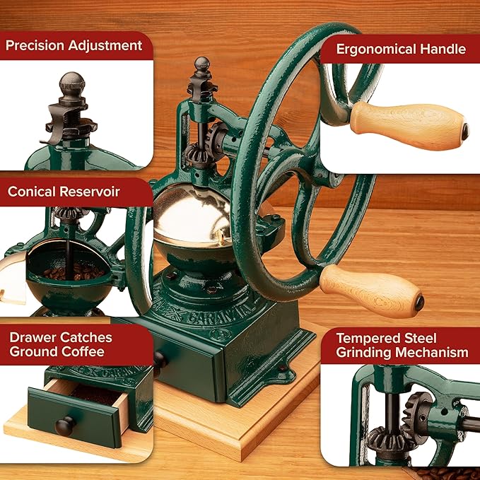Manual Burr Coffee Grinder - Heavy Cast Iron Coffee Bean Burr Grinder with Adjustable Grind Settings, Hand Crank, and Vintage Design - Italian Made Espresso Accessories by Classic Cuisine (Green)
