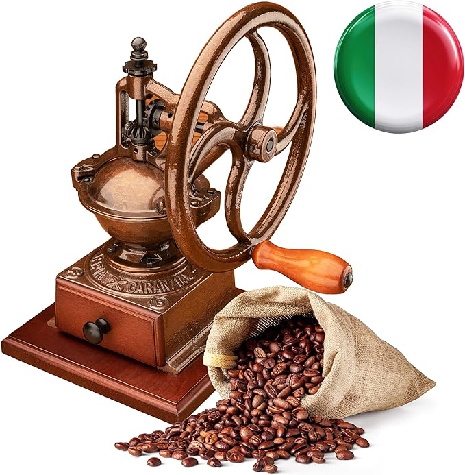 Manual Burr Coffee Grinder - Heavy Cast Iron Coffee Bean Burr Grinder with Adjustable Grind Settings, Hand Crank, and Vintage Design - Italian Made Espresso Accessories by Classic Cuisine (Copper)