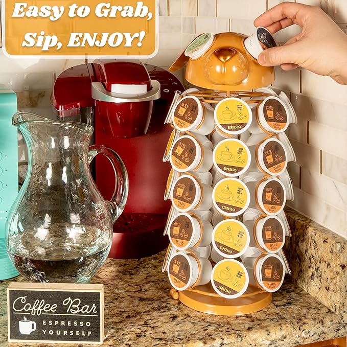 Made Easy Kit Carousel Coffee Pod Holder, Compatible with Keurig K-Pods K-Cups, Countertop Rack Storage Organizer, Metal Home and Kitchen Decor, Capsule Café Station Bar (Small, Brown Dog)