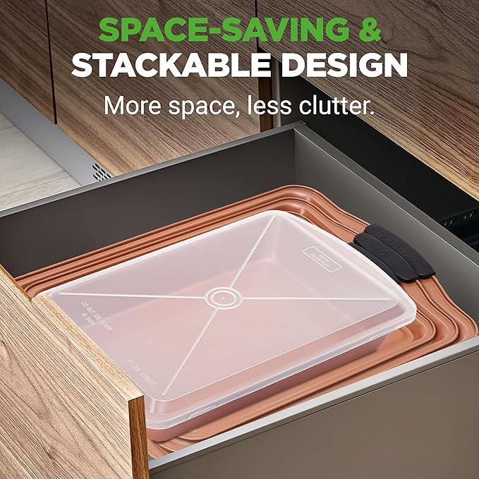 NutriChef 5-Piece Bakeware Set – Premium Non-Stick, Stackable Kitchen Baking Pans with Silicone Handles – Includes 3 Cookie Sheets, Baking Pan & Lid – Perfect for Cakes, Cookies & Brownies