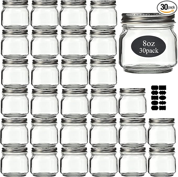 Mason Jars 8 oz 30 Pack- Small Mason Jars With Silver Lids -1/4 Quart Canning Jars| Storage Glass Jars With Lids For Jelly, Jam, Honey, Pickles - Spice Glass Jars - With 30 Chalkboard Labels