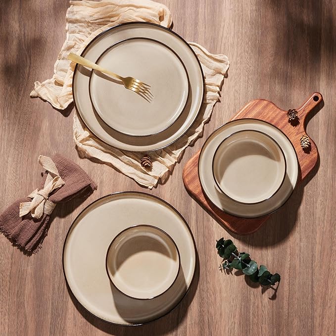 E-far 18-Piece Dinnerware Sets, Stoneware Plates and Bowls Set for 6, Reactive Glaze Dinning Ware Dishes, Microwave & Dishwasher Safe - Sandy Beige