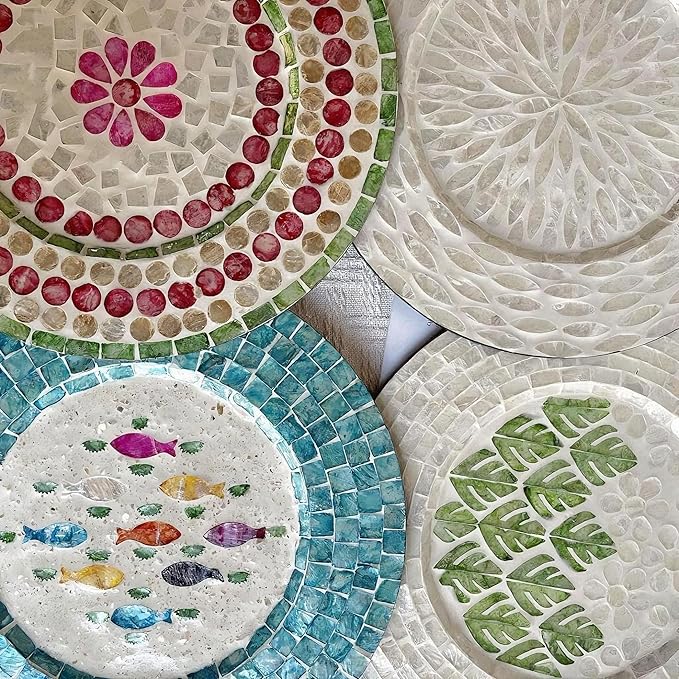 12 Inch Mother of Pearl Shell Placemat Plate – Large Round Decorative Heat for Table or Kitchen, Cabinet, Tabletop (Green Leaves, 12 Inch)