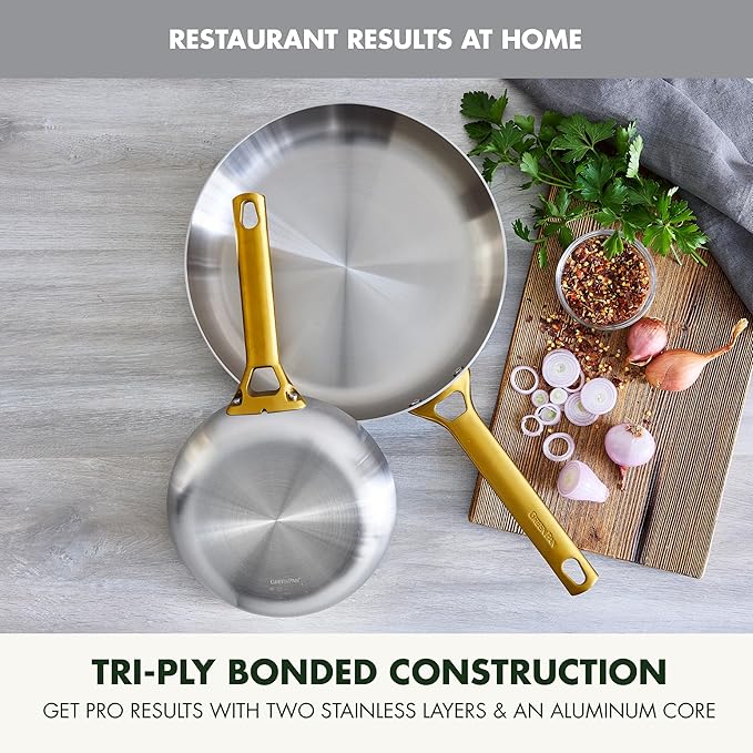 GreenPan Stainless Steel Tri-Ply Reserve 10” and 12” Frying Pan Skillet Set, Multiclad Cookware, Induction, Oven & Broiler Safe to 600°F, Heat Responsive Core, Dishwasher Safe, Gold Handles