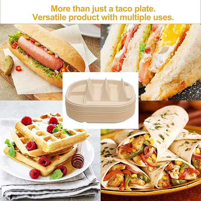 Small Disposable Taco Plates With Dipping Sides - 150 Pack, Biodegradable Cornstarch Taco Holder, Mini Size Fit 4-6 Inch Street Tortilla Shells, Sturdy & Microwave Safe, Bar Serving Set For A Party