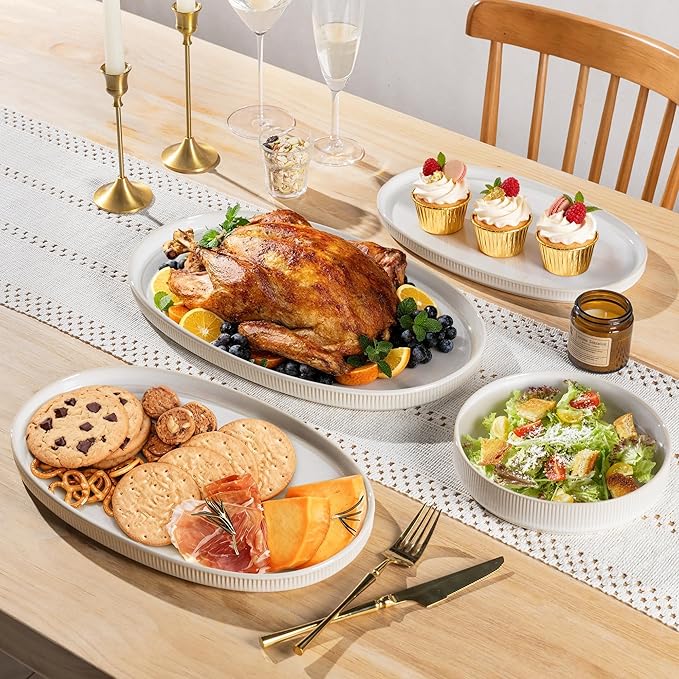 theterra Ceramic Serving Platter, 15.6"/14.4"/12.2" Oval Serving Dishes for Entertaining, Oven Safe, Microwave Safe, Serving Plates Set of 3 for Wedding, Party, Turkey, Reactive White