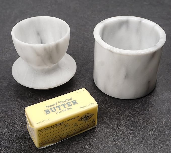 RSVP International White Marble French Butter Pot, Holds One Stick or 1/2 Cup | Made From Natural White Marble | Keep Butter Fresh & Spreadable at Room Temperature in Crock Dish