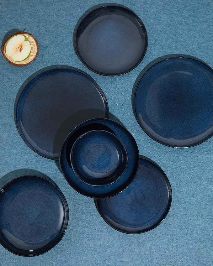32 Piece Starry Blue Dinnerware Set with Pasta Bowls, Coastal Reactive Glaze Stoneware for 8 | Complete Serving Set for Holiday Meals, Multi‑Dish Hosting & Family Celebrations