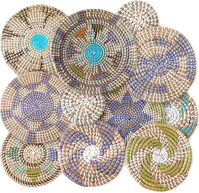 Tatuo 11 Pcs Boho Wall Basket Decor Bulrush Woven Wall Hanging Art Round Farmhouse Rustic Handmade Wicker for Summer Home, Bedroom, Living Room, Kitchen Decorations, Multi Sizes(Multicolour)