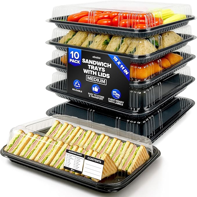 10 Pack Catering Trays with Lids – 15" Serving Tray with Lid, Heavy Duty Recyclable Plastic Party Platters for Catering, Buffet, Picnics & Events – Food Tray with Clear Lid (15.35 × 11.42 × 2.95 inch)