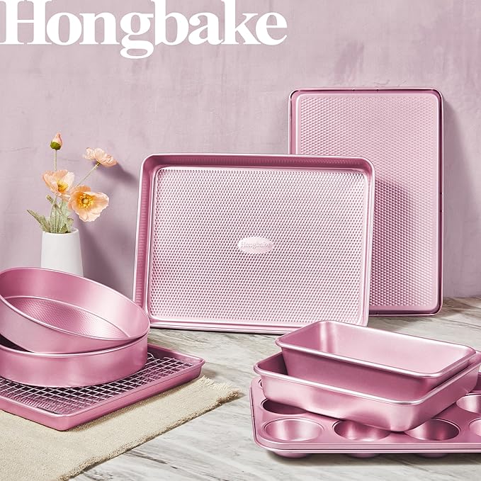 HONGBAKE 9-Piece Baking Pans Set Nonstick, Stackable Non Toxic Bakeware Sets with Diamond Texture, Oven Pan Set for Cooking, Includes Cookie Sheet with Rack, Cake Pan, Roasting Pan, Muffin Tin, Pink