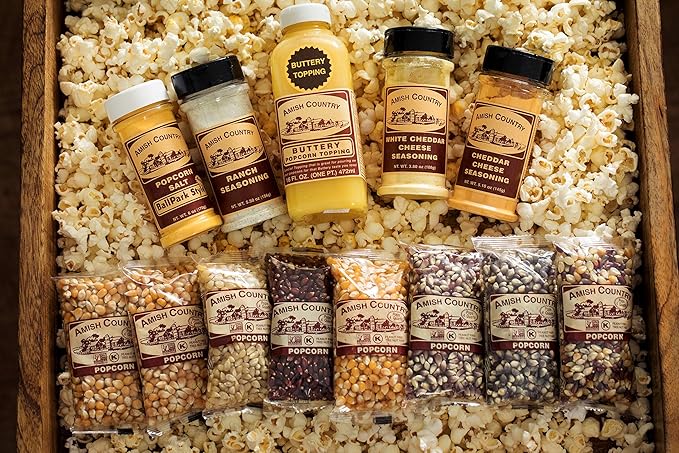 Amish Country Popcorn | 8-4 oz Bags | Air Pop Variety Sampler | Popcorn Kernels and Variety Topping Bundle | Old Fashioned, Non-GMO and Gluten Free